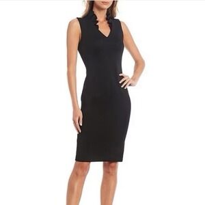 NWT Calvin Klein Black Scuba Sleeveless V Neck Ruffle Collar Sheath Dress Size 8